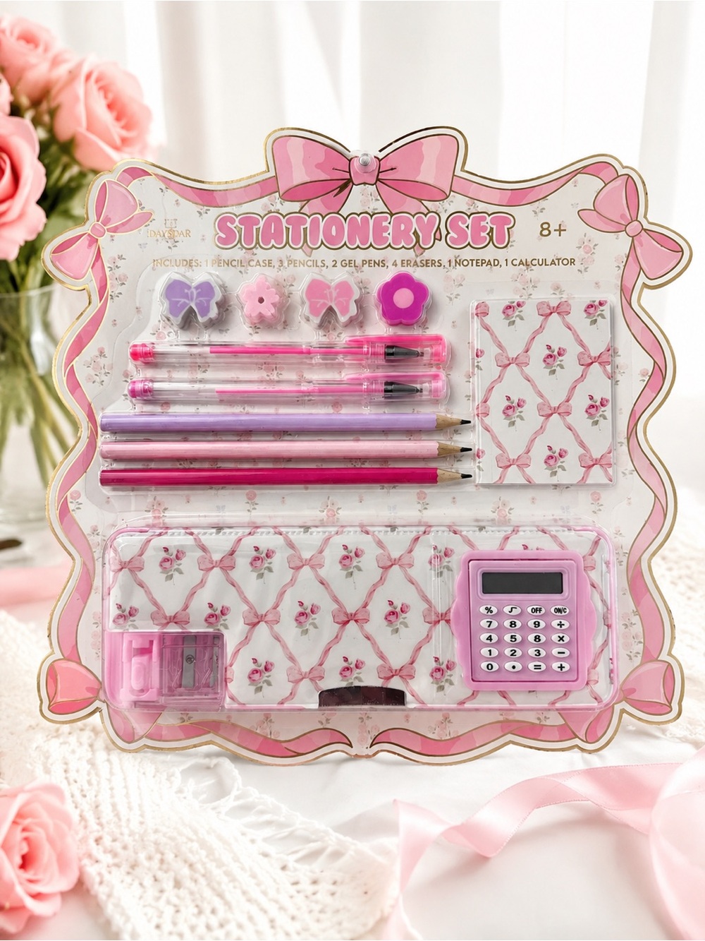 Cute Pink Stationery Set Pencil Case Calculator Pens Erasers Notepad Gift